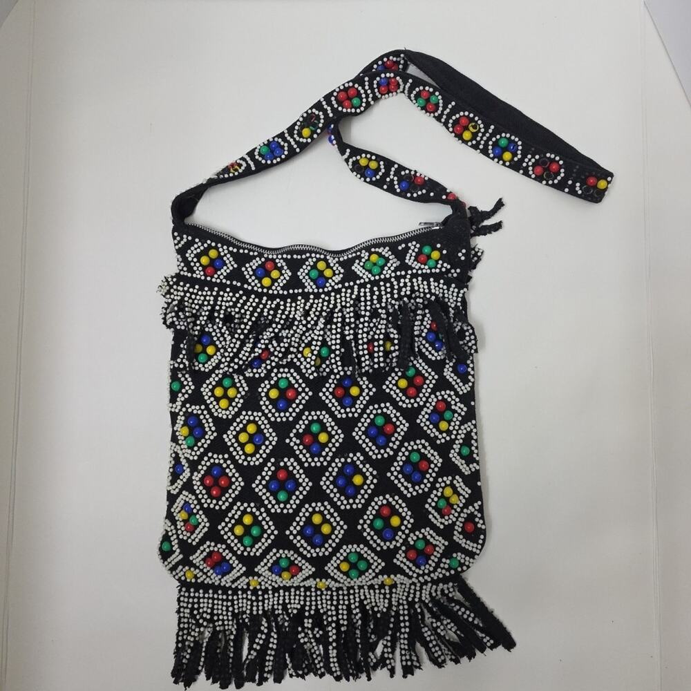 Vintage Beaded Candy Dot Purse Shoulder Bag Fringe Zipper Black Hippie Boho - Picture 10 of 12